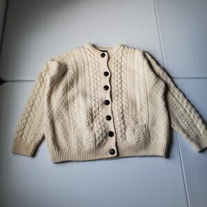 Aran Woollen Mills Sweater Cardigan Womens Large White Merino Wool Cable Ireland